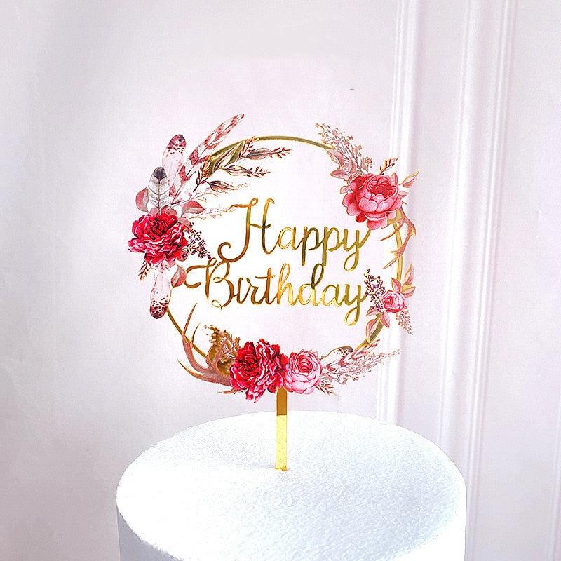 New Colored Flowers Happy Birthday Cake Topper Happy Birthday Cake Topper Acrylic With Flowers Cupcake Topper For Various Birthday Party Cake Decorations Golden Acrylic Birthday Party Dessert Decoration For Baby Shower Baking Supplies