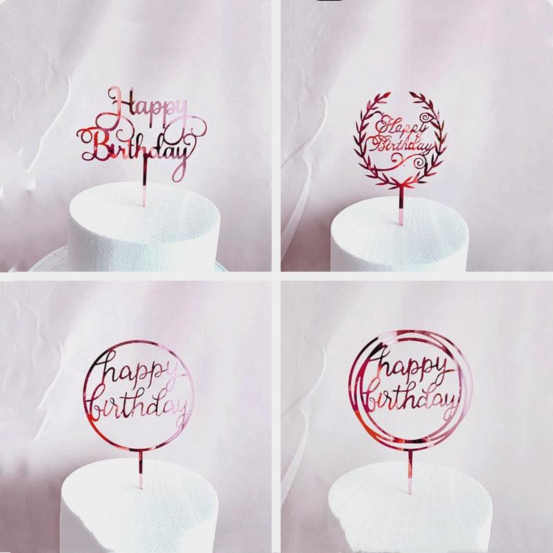 New Colored Flowers Happy Birthday Cake Topper Happy Birthday Cake Topper Acrylic With Flowers Cupcake Topper For Various Birthday Party Cake Decorations Golden Acrylic Birthday Party Dessert Decoration For Baby Shower Baking Supplies