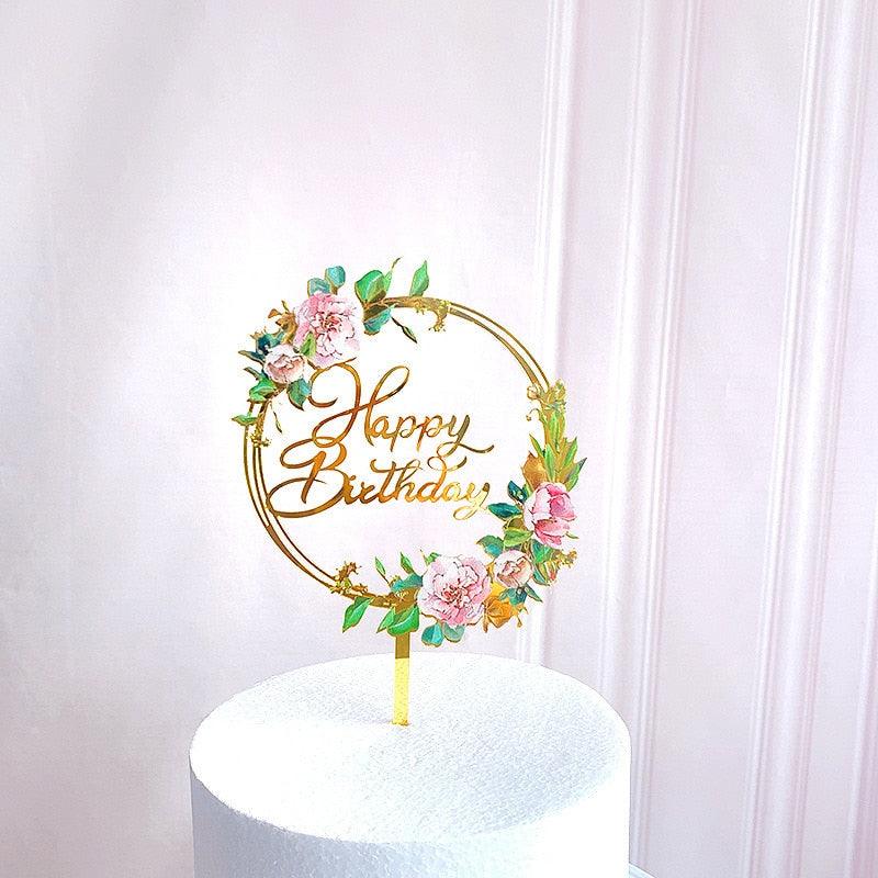 New Colored Flowers Happy Birthday Cake Topper Happy Birthday Cake Topper Acrylic With Flowers Cupcake Topper For Various Birthday Party Cake Decorations Golden Acrylic Birthday Party Dessert Decoration For Baby Shower Baking Supplies