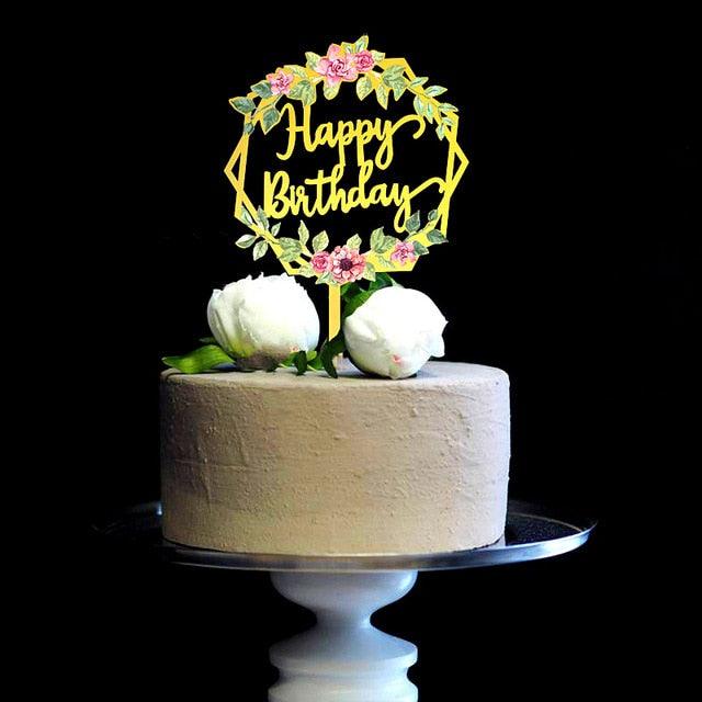 New Colored Flowers Happy Birthday Cake Topper Happy Birthday Cake Topper Acrylic With Flowers Cupcake Topper For Various Birthday Party Cake Decorations Golden Acrylic Birthday Party Dessert Decoration For Baby Shower Baking Supplies