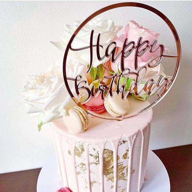 New Colored Flowers Happy Birthday Cake Topper Happy Birthday Cake Topper Acrylic With Flowers Cupcake Topper For Various Birthday Party Cake Decorations Golden Acrylic Birthday Party Dessert Decoration For Baby Shower Baking Supplies