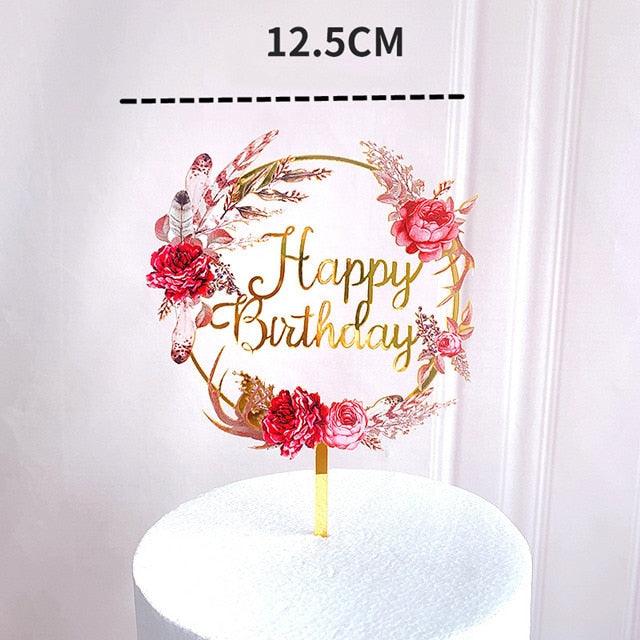 New Colored Flowers Happy Birthday Cake Topper Happy Birthday Cake Topper Acrylic With Flowers Cupcake Topper For Various Birthday Party Cake Decorations Golden Acrylic Birthday Party Dessert Decoration For Baby Shower Baking Supplies