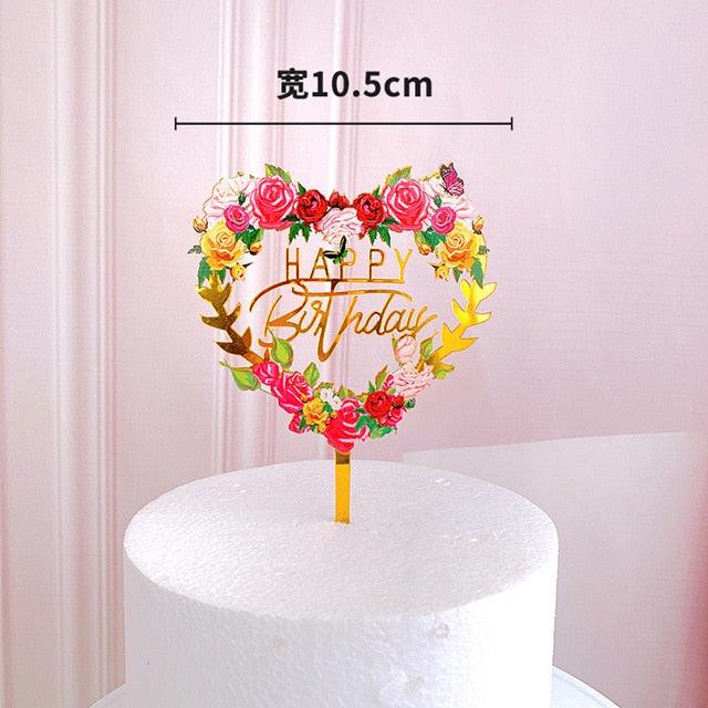 New Colored Flowers Happy Birthday Cake Topper Happy Birthday Cake Topper Acrylic With Flowers Cupcake Topper For Various Birthday Party Cake Decorations Golden Acrylic Birthday Party Dessert Decoration For Baby Shower Baking Supplies