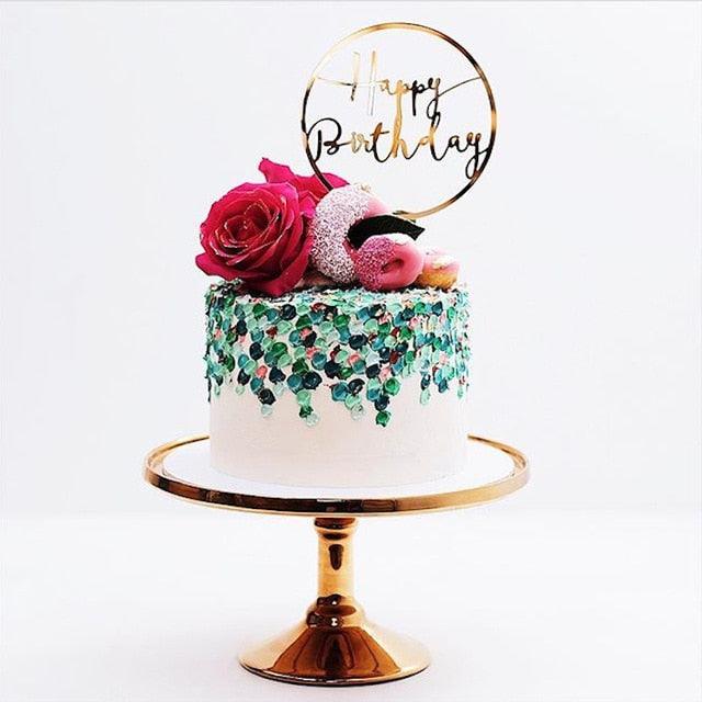 New Colored Flowers Happy Birthday Cake Topper Happy Birthday Cake Topper Acrylic With Flowers Cupcake Topper For Various Birthday Party Cake Decorations Golden Acrylic Birthday Party Dessert Decoration For Baby Shower Baking Supplies