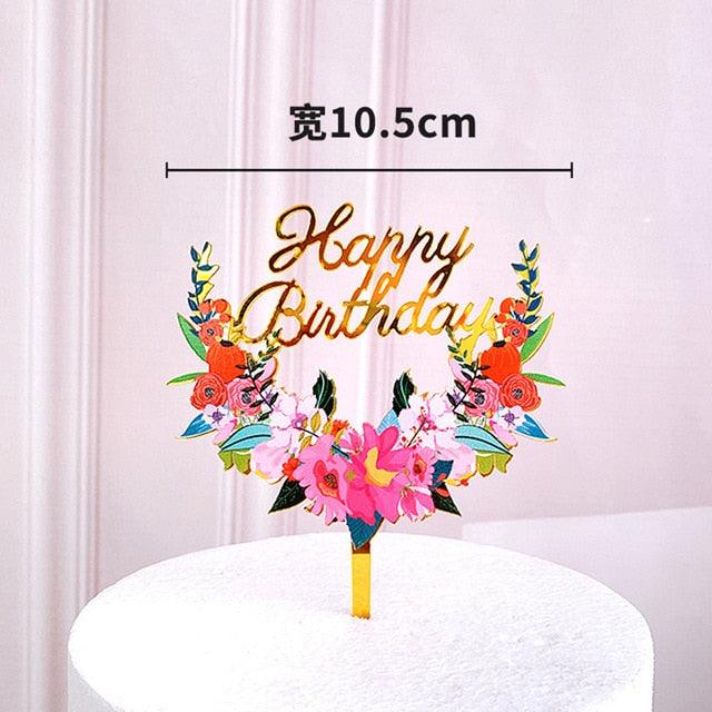 New Colored Flowers Happy Birthday Cake Topper Happy Birthday Cake Topper Acrylic With Flowers Cupcake Topper For Various Birthday Party Cake Decorations Golden Acrylic Birthday Party Dessert Decoration For Baby Shower Baking Supplies
