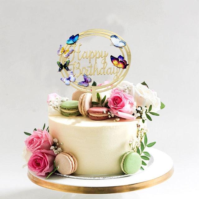 New Colored Flowers Happy Birthday Cake Topper Happy Birthday Cake Topper Acrylic With Flowers Cupcake Topper For Various Birthday Party Cake Decorations Golden Acrylic Birthday Party Dessert Decoration For Baby Shower Baking Supplies