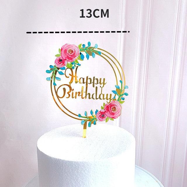 New Colored Flowers Happy Birthday Cake Topper Happy Birthday Cake Topper Acrylic With Flowers Cupcake Topper For Various Birthday Party Cake Decorations Golden Acrylic Birthday Party Dessert Decoration For Baby Shower Baking Supplies