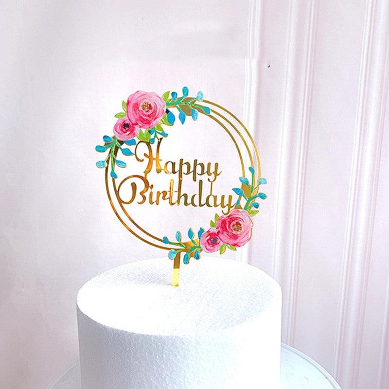 New Colored Flowers Happy Birthday Cake Topper Happy Birthday Cake Topper Acrylic With Flowers Cupcake Topper For Various Birthday Party Cake Decorations Golden Acrylic Birthday Party Dessert Decoration For Baby Shower Baking Supplies