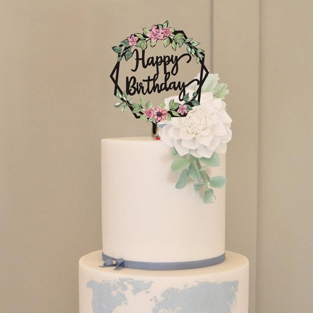 New Colored Flowers Happy Birthday Cake Topper Happy Birthday Cake Topper Acrylic With Flowers Cupcake Topper For Various Birthday Party Cake Decorations Golden Acrylic Birthday Party Dessert Decoration For Baby Shower Baking Supplies