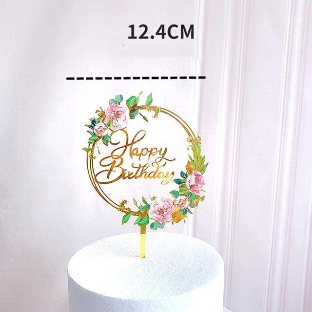 New Colored Flowers Happy Birthday Cake Topper Happy Birthday Cake Topper Acrylic With Flowers Cupcake Topper For Various Birthday Party Cake Decorations Golden Acrylic Birthday Party Dessert Decoration For Baby Shower Baking Supplies